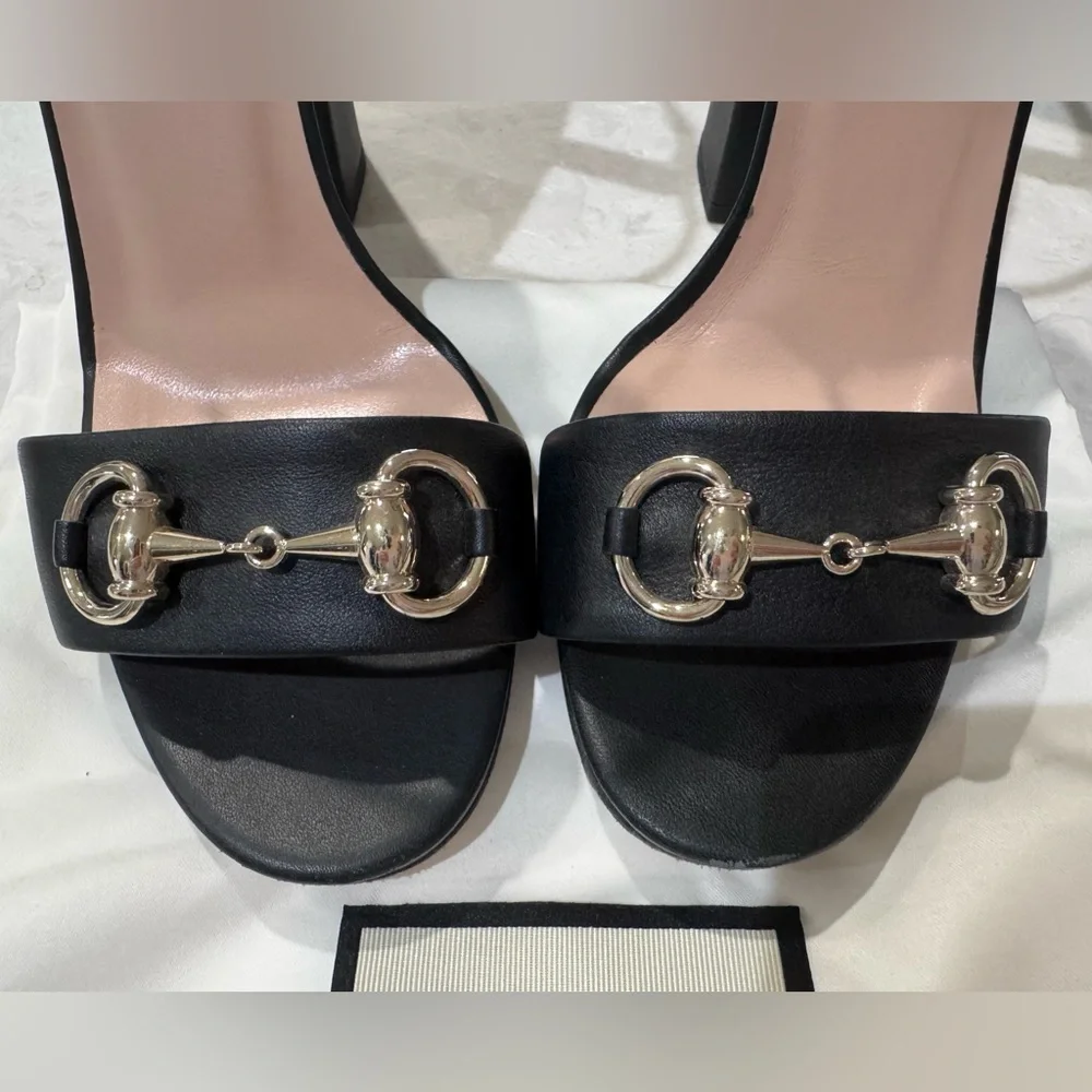 Gucci Horsebit Leather Block Heel Sandals 37.5 - Picture 2 of 10